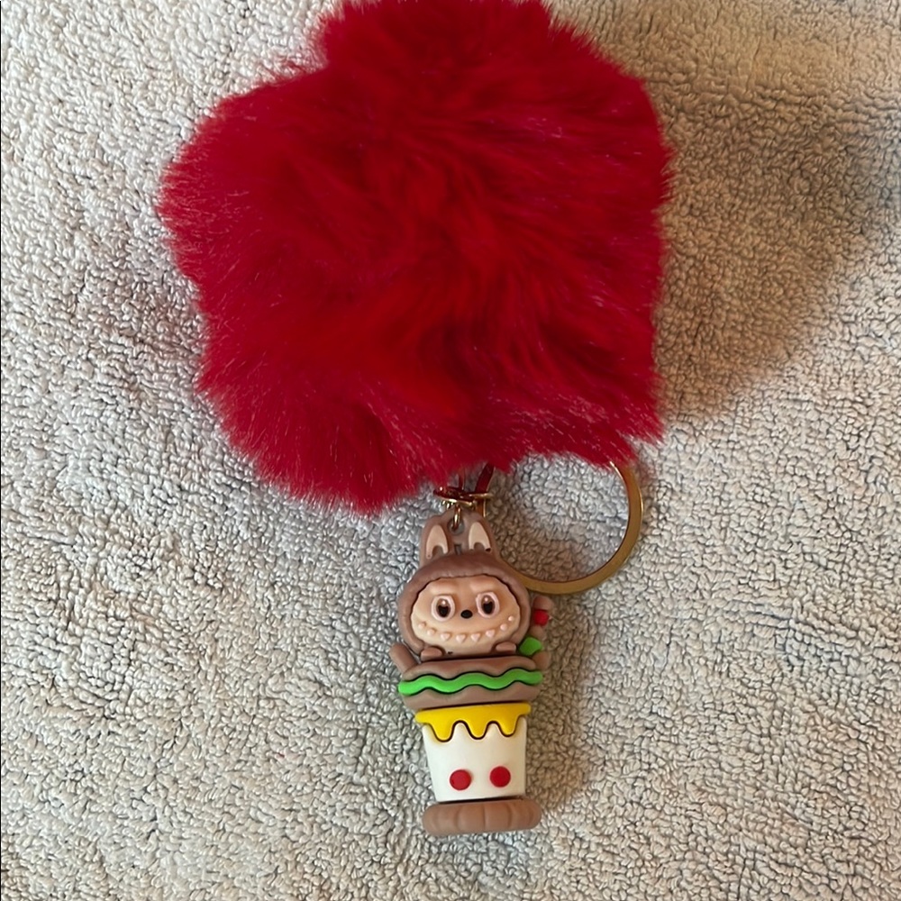 Red Pom Pom Keychain with Cute Cartoon labubu ice cream figure